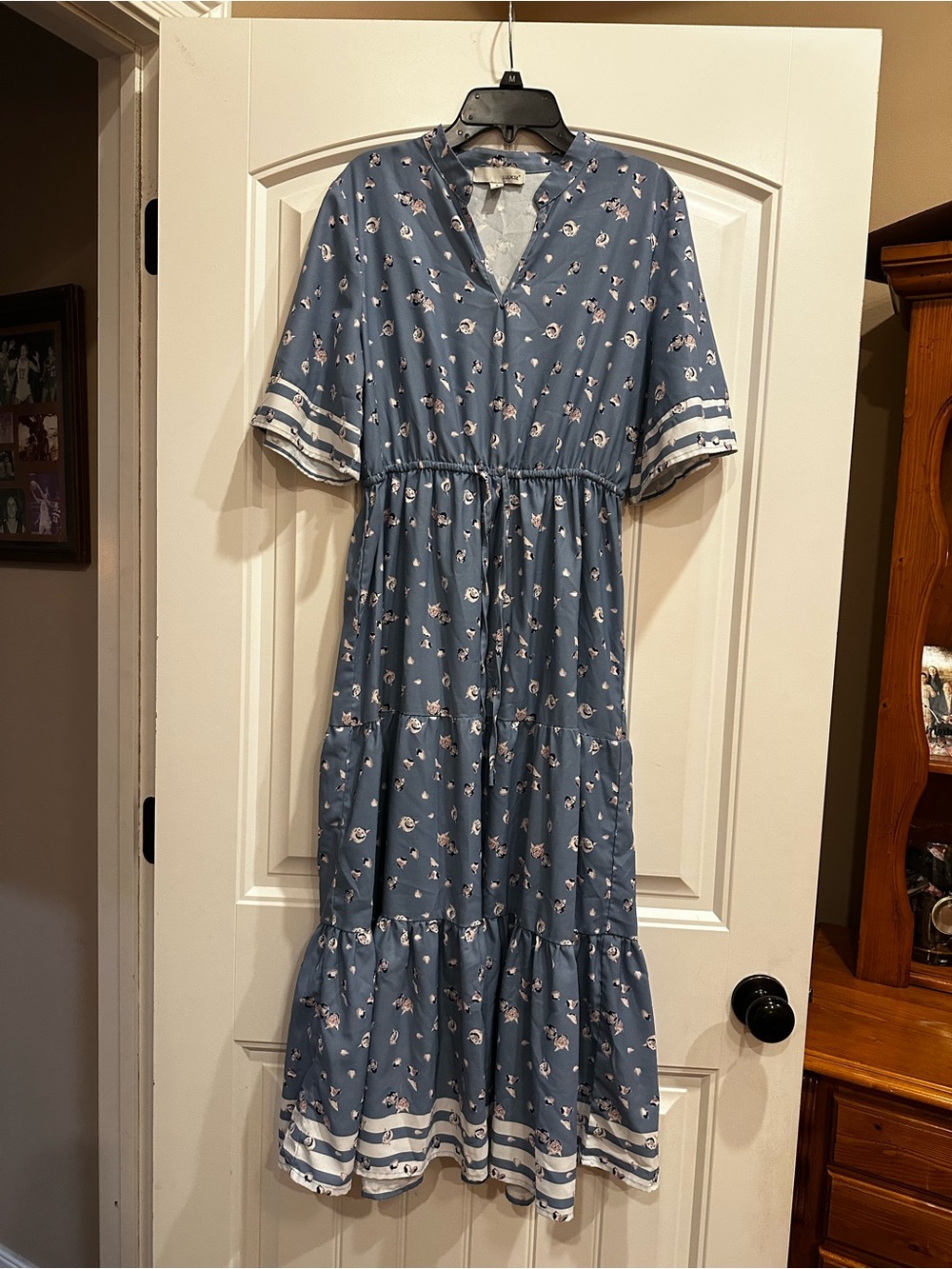 Blue Floral Tiered Maxi Dress with Striped Trim